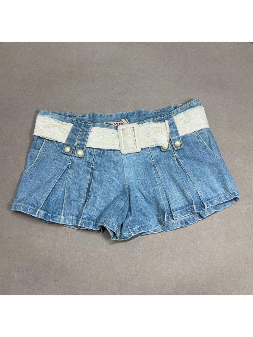 Vintage Y2K Low Rise Denim Micro Pleated Skirt Shorts Faded